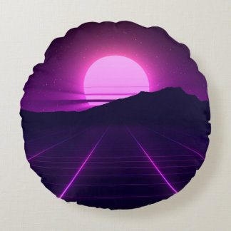 80s Retro Background Illustartion with 3D elements Round Cushion