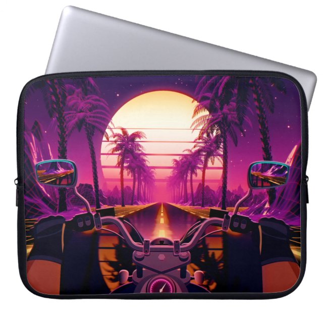 80s retro futuristic sci-fi background with motorc laptop sleeve (Front)