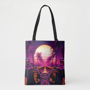 80s retro futuristic sci-fi background with motorc tote bag