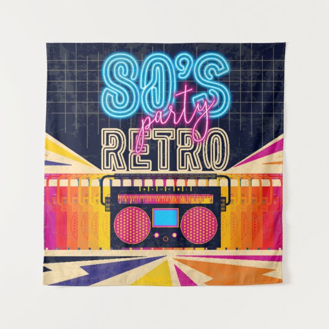 80s, retro music party. Old style poster. Disco fl Tapestry (Front)