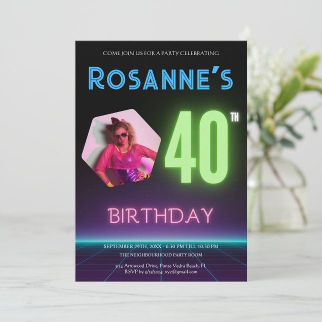 80s Retro Night Custom Photo Neon 40th Birthday Invitation (Standing Front)