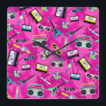 80s retro square wall clock<br><div class="desc">A colourful and retro 80s clock, it is like stepping into a time machine and travelling to this cool era. This clock features a lively pink design full of boom boxes, cassette tapes, colourful instruments, games and accessories from the 80s. Purchase yours today! Design by Huckleberry Hearts, LLC, © www.Huckleberry-Hearts.com...</div>