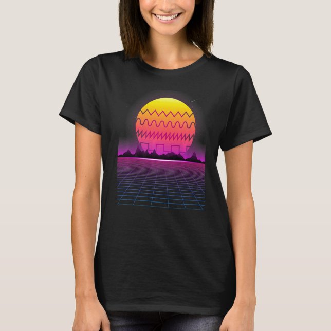 80s Retro Sunset Synthesizer  Synthwave Waveform T-Shirt (Front)