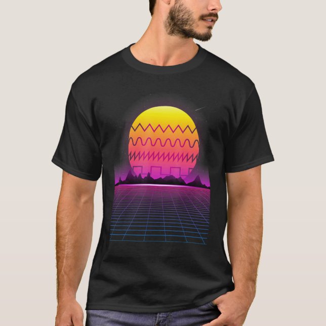 80s Retro Sunset Synthesizer  Synthwave Waveform T-Shirt (Front)