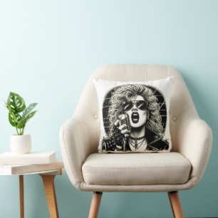 80s Rocker chick female singer ink illustration Cushion