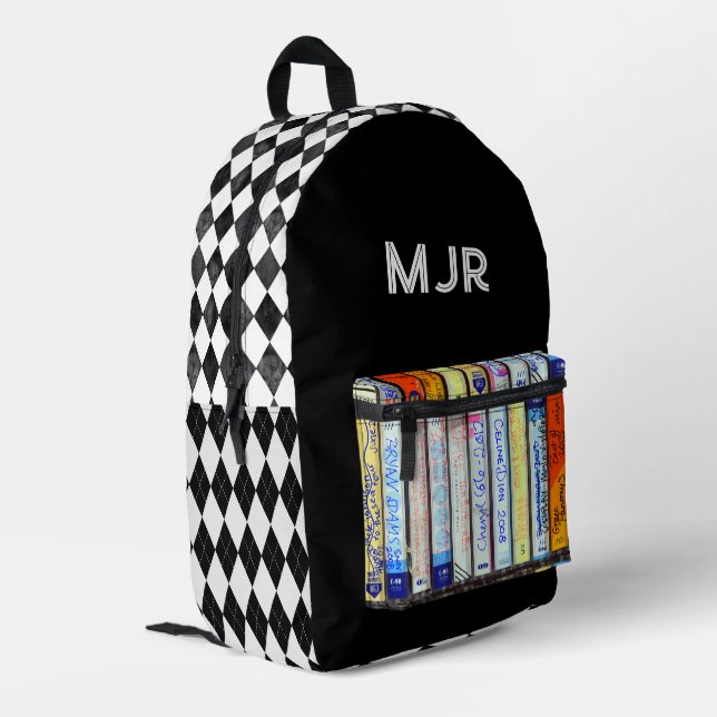 80's style cassette & argyle  printed backpack (Back Corner Left)