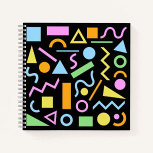 80s Style Shape Pattern Colour on Black Notebook