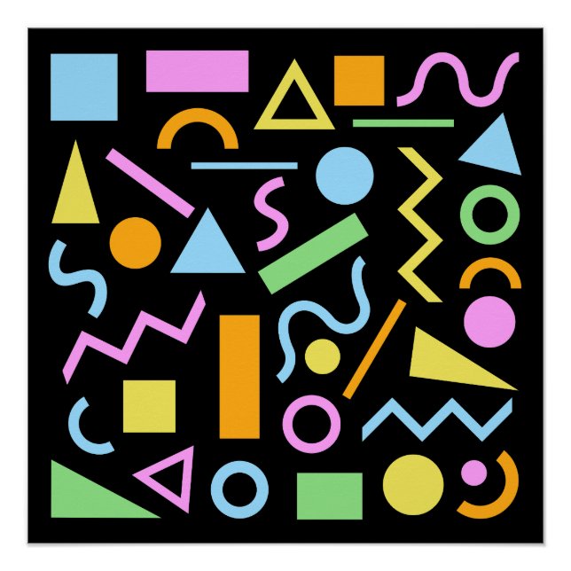 80s Style Shape Pattern Colour on Black Poster (Front)