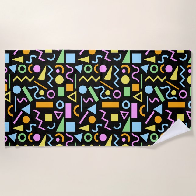80s Style Shape Rpt Pattern Colour on Black Beach Towel (Front)