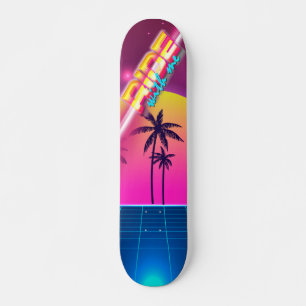 80's style skateboard, retro futuristic landscape skateboard