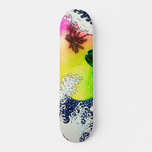 80s style The great wave and palm trees Skateboard (Front)