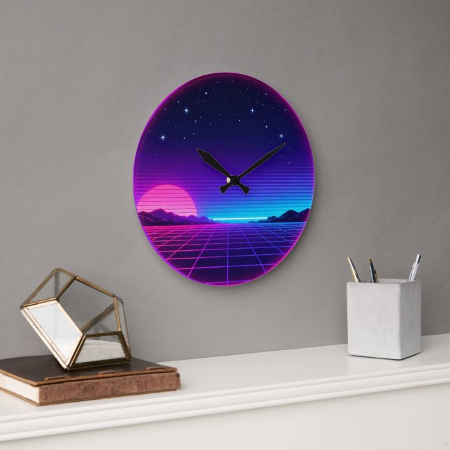 80s Synthwave Neon Sunset Circle Geometric Graphic Large Clock (Office)