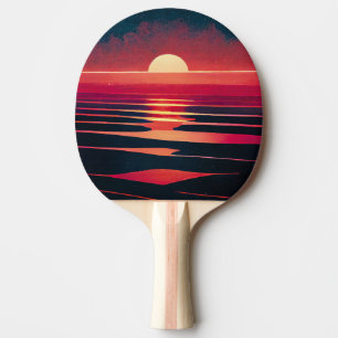 80s Synthwave Red Sea And Vintage Sunset Ping Pong Paddle