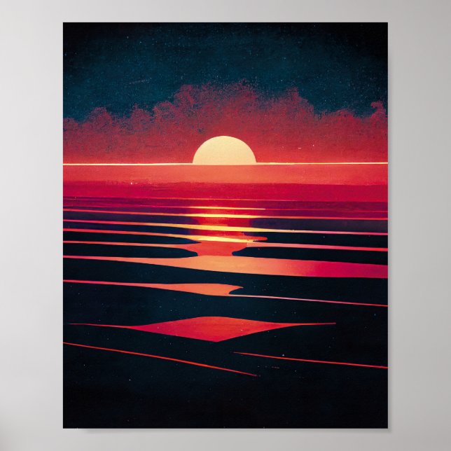 80s Synthwave Red Sea And Vintage Sunset Poster (Front)