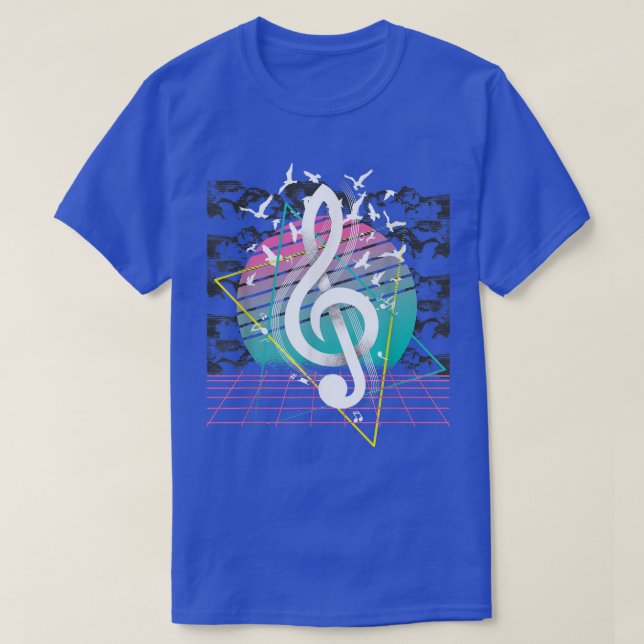80s Treble Clef Music Flock Of Birds Vaporwave Ret T-Shirt (Design Front)