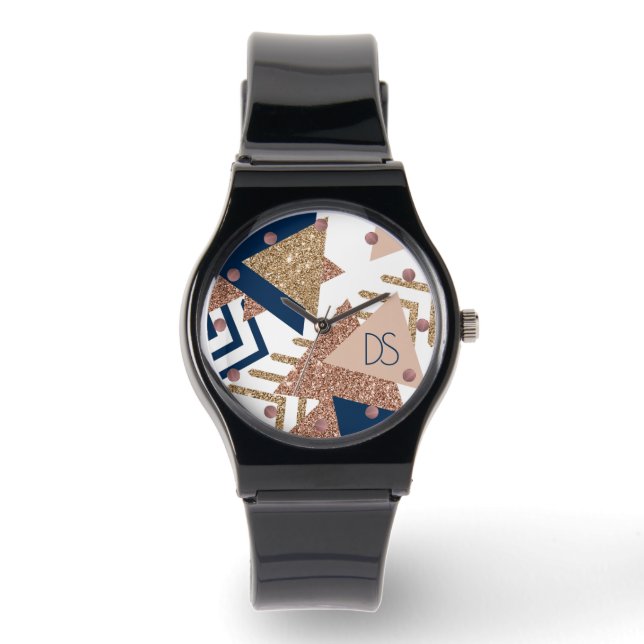 80s Trendy Abstract | Navy and Rose Gold Monogram Watch (Front)