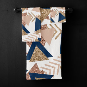 80s Trendy Abstract   Navy and Rose Gold Pattern Bath Towel Set