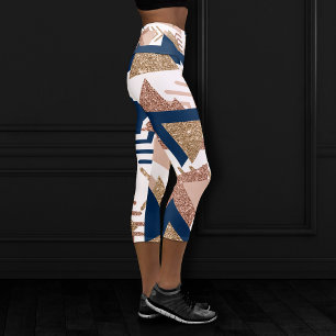 80s Trendy Abstract   Navy and Rose Gold Pattern Capri Leggings