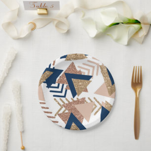 80s Trendy Abstract   Navy and Rose Gold Pattern Paper Plate