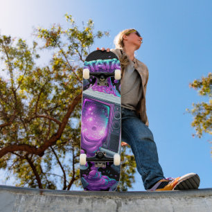 80s TV and Tech with "Static" Text Skateboard