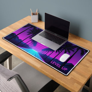 80s Vaporwave Neon Grid Desk Mat with Palm Trees