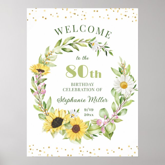 80th 80 Fabulous Birthday Party Sunflower Welcome Poster (Front)