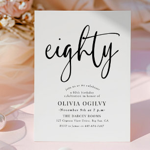 80th B&W Birthday Party Modern Script Typography Invitation