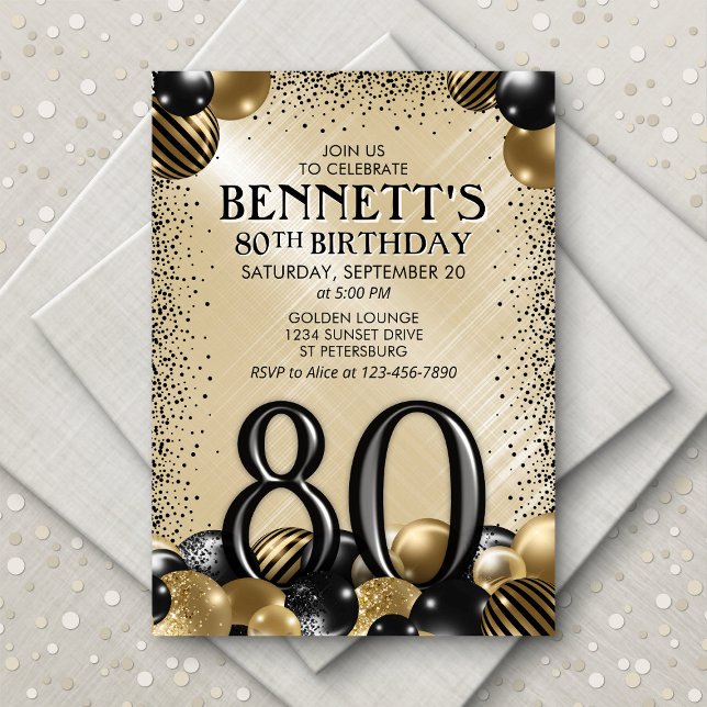 80th Balloons Black Gold Birthday Invitation (Creator Uploaded)
