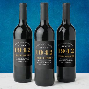 80th Birthday 1942 Black Gold Retro Personalised Wine Label