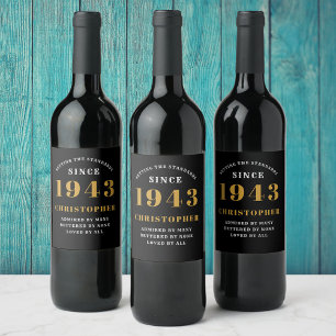 80th Birthday 1943 Black Gold Retro Personalised Wine Label