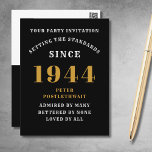 80th Birthday 1944 Black Gold Invitation Postcard<br><div class="desc">Elegant Black and Gold 80th Birthday Invitation - Create Your Own Personalised Design. Setting the stage for a remarkable celebration starts with the perfect invitation. Our elegant black and gold 80th birthday invitation is the perfect choice for this milestone event. Bathed in black for a touch of sophistication and adorned...</div>