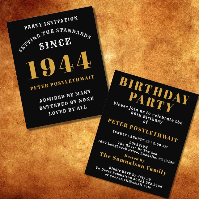 80th Birthday 1944 Black Gold Personalised For Him Flyer (Elegant Black and Gold 80th Birthday Invitation - Create Your Own Personalized Design. )