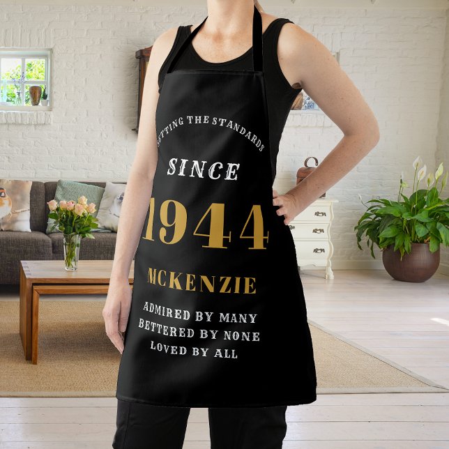 80th Birthday 1944 Name Chic Elegant Black Gold Apron (Elegant Black & Gold Chic Apron - 80th Birthday 1944 Name Personalized Kitchen & BBQ Essentials.)