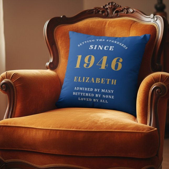 80th Birthday 1946 Add Name Blue Gold Personalized Cushion (1946 throw pillow on orange chair)
