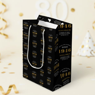 80th Birthday 1946 Black Gold Chic Elegant Medium Gift Bag
