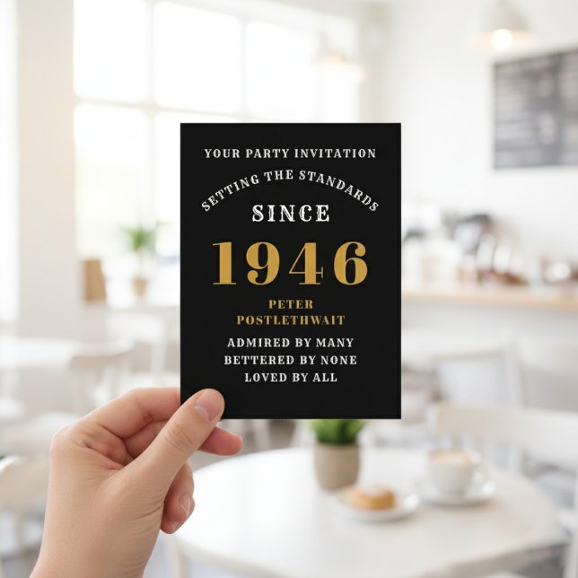 80th Birthday 1946 Black Gold Invitation Postcard (1946 birthday invitation postcard. Background out of focus.)