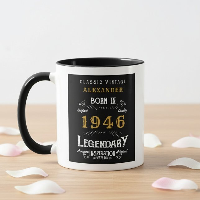80th Birthday 1946 Legend Retro Black Personalized Mug (Born 1946 birthday gift mug. White background, wood table.)