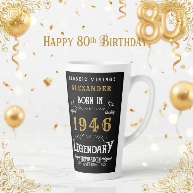 80th Birthday 1946 Legendary Retro Latte Mug (1946 latte mug on a white and gold background.)