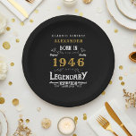 80th Birthday 1946 Legendary Retro Paper Plate<br><div class="desc">For those born in 1946 and celebrating their 80th birthday we have the ideal birthday paper plates. The black background with a white and gold vintage typography design design is simple and yet elegant with a retro feel. Easily customize the text of this birthday gift using the template provided. More...</div>