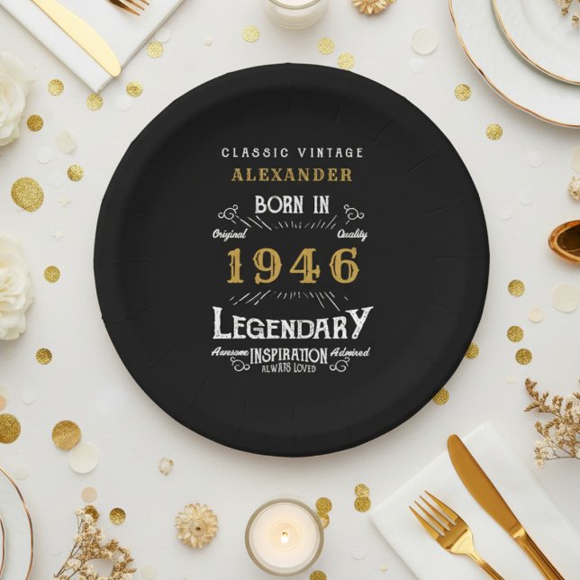 80th Birthday 1946 Legendary Retro Paper Plate (1946 black paper plate on a white and gold background.)
