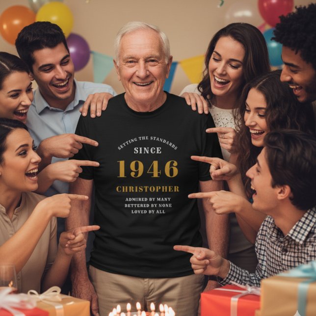 80th Birthday 1946 Personalised Vintage Gift Black T-Shirt (Personalized 1946 T-shirt worn by an elderly man in a party setting.)