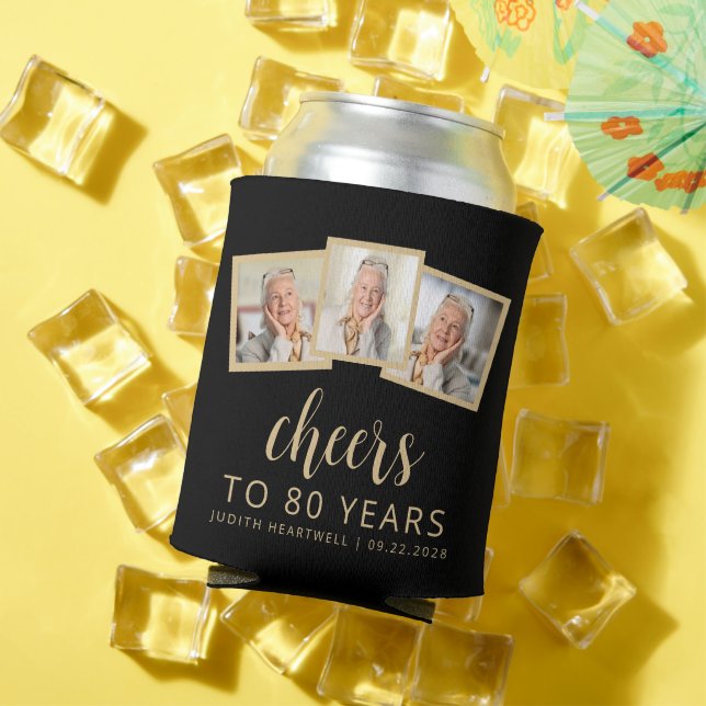 80th Birthday 3-Photo Black Gold Script Cheers Can Cooler (In Situ Summer)