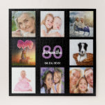 80th birthday 80 photo collage black woman jigsaw puzzle<br><div class="desc">A gift for a woman's 80th birthday,  celebrating her life with a collage of 8 of your photos.  Templates for a name,  age 80 and a date.  Date of birth or the date of the anniversary.  Purple and white colored letters. Chic black background color.</div>