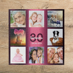 80th birthday 80 photo collage woman purple jigsaw puzzle