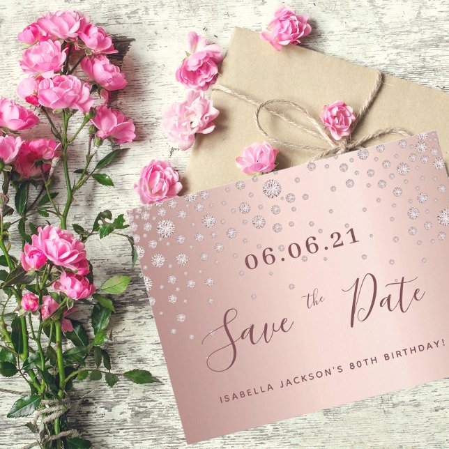 80th birthday 80 rose gold diamonds save the date postcard (Creator Uploaded)