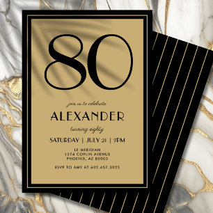 80th Birthday Adult Black and Gold Modern Minimal  Invitation