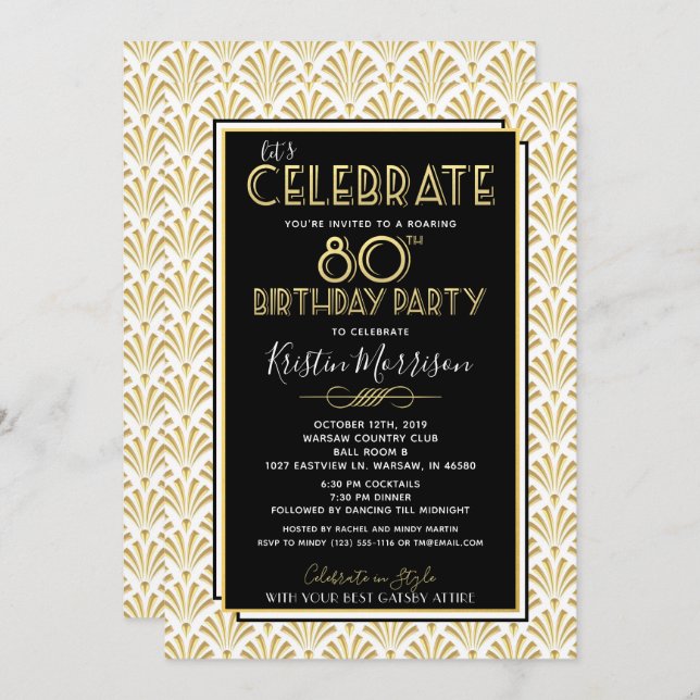 80th Birthday Art Deco Gatsby Roaring 20s Birthday Invitation (Front/Back)