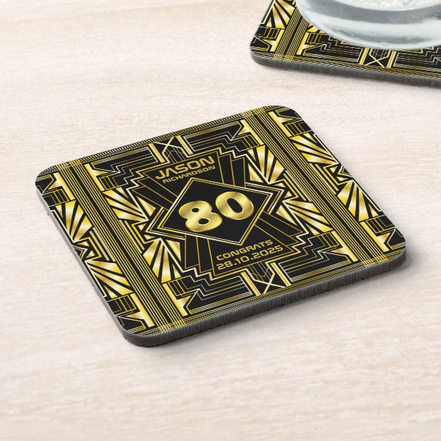 80th Birthday Art Deco Gold Black Great Gatsby Coaster (Left Side)