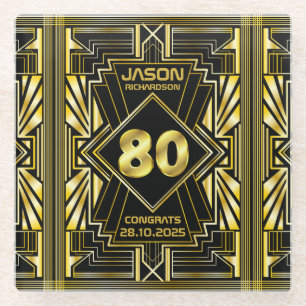 80th Birthday Art Deco Gold Black Great Gatsby Glass Coaster