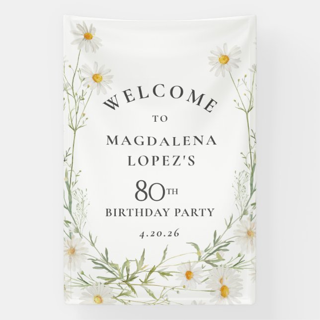 80th Birthday Banner April Birth Flower Daisy (Vertical)